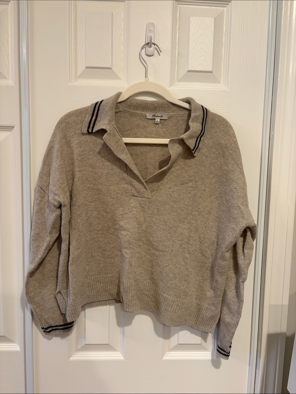 Madewell Taupe V-Neck Polo Sweater with Contrast Trim